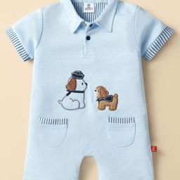 Mini Taurus Interlock Knit Half Sleeves Collared Rompers with Doggo Embroidery - Light Blue-14