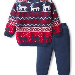 Babyhug Knit Full Sleeves Pullover Sweater Set with Deer Design - Navy Blue-image-34