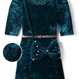 Hola Bonita Knit Three Fourth Sleeves Solid Velvet Party Dress With Sling Bag & Belt - Teal Blue-picture-22