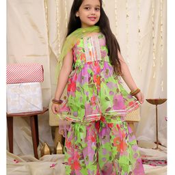 KID1 Georgette Woven Sleeveless Floral Printed Lace Embellished Kurta With Shrara & Dupatta Set - Green-image-78