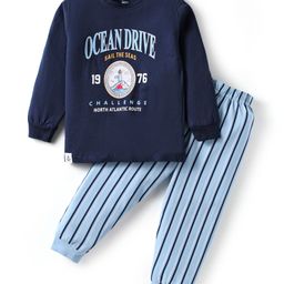 CUCUMBER Sinker Knit Full Sleeves Night Suit With Lighthouse Print - Navy Blue-image-58