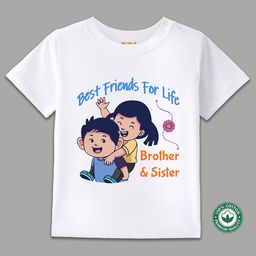 BLUSHES 100% Cotton Knit Raksha Bandhan Theme Half Sleeves Best Friends For Life Brother & Sister Text Printed Tee - White-image-104