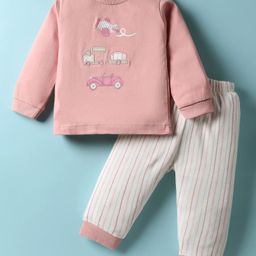 Zero Interlock Knit Full Sleeves T-Shirt & Joggers Set With Vehicle Print & Embroidery - Peach & Off White-picture-37