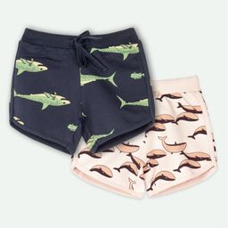 Ariel Cotton Knit Pack Of 2 Whale & Sharks Printed Shorts - Navy Blue & Peach-image-83