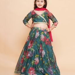Bitiya By Bhama Silk Woven Three Fourth Sleeves Floral Printed Gota Lace Embellished Coordinating Lehenga Choli With Dupatta Set - Green-image-90
