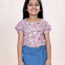 Kiddopanti Rayon Woven Half Puffed Sleeves Floral Printed Top - White & Orange-picture-18