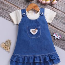 TOONYPORT Cotton Knit Cartoon Designed Heart Patch Detailed Dress With Half Sleeves Solid Tee - Blue-picture-1