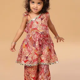 The Mini Trunk Girls Floral Printed Mirror Work Regular Kurta Set-image-81