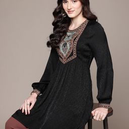 Ritu Kumar Embroidered Puff Sleeve Dobby Peplum Longline Top-67