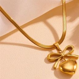 Brijsun Gold-Plated Heart Pendant with Bow Design & Sleek Chain-image-52