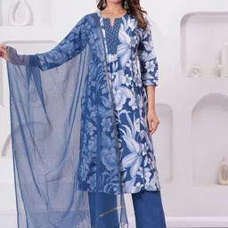 Kanahari Women Floral Yoke Design Regular Beads and Stones Pure Cotton Kurta with Trousers & With Dupatta-picture-15