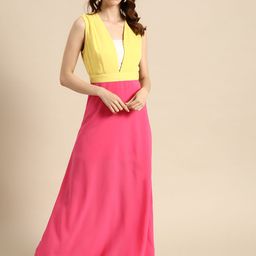 DODO & MOA Women Yellow & Pink Colourblocked Maxi Dress-image-131