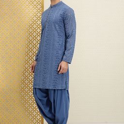House of Pataudi Men Blue Paisley Regular Jashn Kurta with Patiala-picture-23