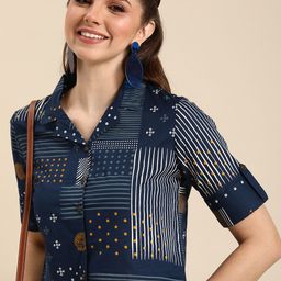 Anouk Geometric Print Roll-Up Sleeves Cotton Shirt Style Crop Top-picture-32