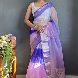KALINI Tie and Dye Zari Organza Leheriya Saree-25