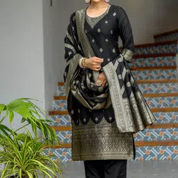 KALINI Ethnic Motifs Woven Design Sequinned Straight Kurta With Trousers And Dupatta-53