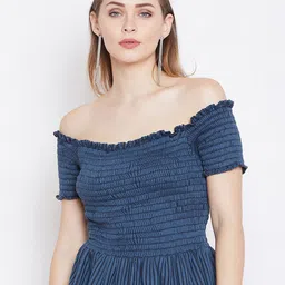 Zastraa Striped Off-Shoulder Smocked Crepe Bardot Top-image-99