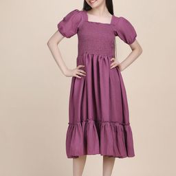 STARWORD Girls Print Smocked Square Neck Puff Sleeve Fit & Flare Cotton Midi Dress-picture-56