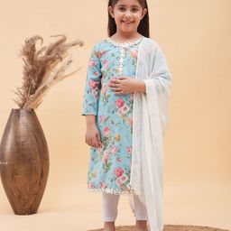 Vastramay Three Fourth Sleeves Floral Printed Lace Detailed Kurta Leggings With Dupatta - Blue-image-33