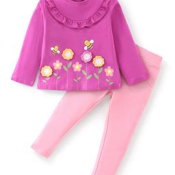 Babyhug Cotton Knit Full Sleeves Top with Floral Embroidery & Jeggings - Pink-image-21