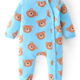 Babyhug Cotton Knit Full Sleeves Footed Sleep Suit Teddy Print - Blue-image-29