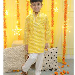 Bownbee Full Sleeves Leheriya Designed & Gota Lace Embellished Pure Cotton Kurta & Pyjama Set - Yellow-image-76