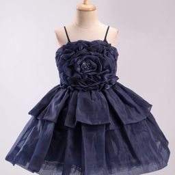 Bluebell  T-issue Woven Sleeveless Party Frock Solid Colour with Floral Applique - Navy Blue-image-90