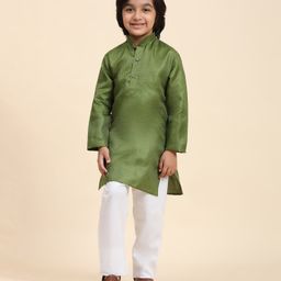 P-MARK Full Sleeves Embroidery Design Cotton Kurta & Pajama Set - Green-image-65