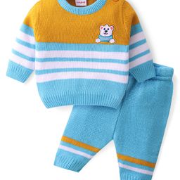 Babyhug Knitted Full Sleeves Pullover Sweater & Pant Set With Stripes & Bear Patch Detailing - Aqua Blue-image-23