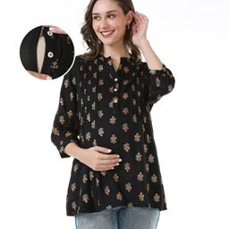 Bella Mama Woven Three Fourth Sleeves Maternity Top with Floral Print   - Black-image-12
