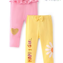 Babyoye Cotton Full Length Legging With Metallic Print & Bow Applique Pack of 2 - Pink & Yellow-image-5