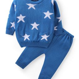 Babyhug Knit Full Sleeves Sweater & Pant Set Star Design - Blue-picture-22