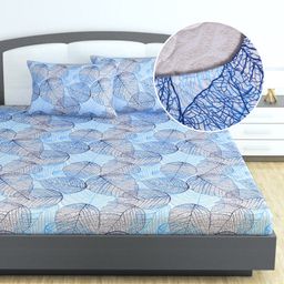 Divine Casa 144 TC Floral Print Blue Skin Friendly 100% Cotton Elastic Fitted Bedsheets King Size-16