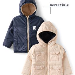 Babyhug Woven Full Sleeves Front Open Padded Hooded Reversible Jacket With Solid Colour - Beige-image-97