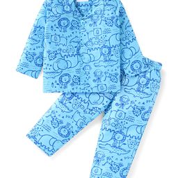Babyhug Cotton Woven Full Sleeves Front Open Night Suit With Animals Print - Blue-image-25