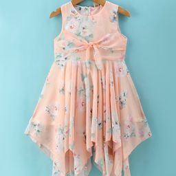 Dew Drops Chiffon Woven Sleeveless Floral Printed Frock - Peach-image-63