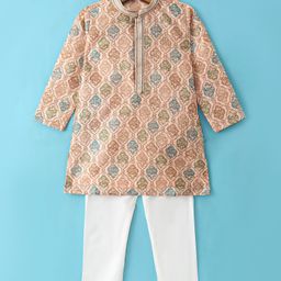 Robo Fry Silk Woven Full Sleeves Kurta Pyjama Set with Chateau Brocade Pattern - Light Brown-picture-18