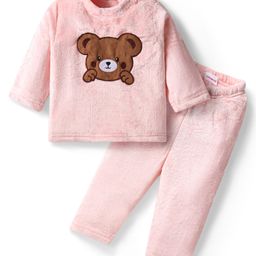 Babyhug Fur Woven Full Sleeves Winter Wear Suit With Bear Design - Pink-image-77