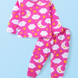 Babyhug Cotton Knit Full Sleeves Night Suit with Star & Cloud Print - Dark Pink-image-14