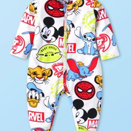 Babyhug Disney Interlock Knit Full Sleeves Sleep Suit with Mickey Mouse & Friends Graphics - Off White-image-2