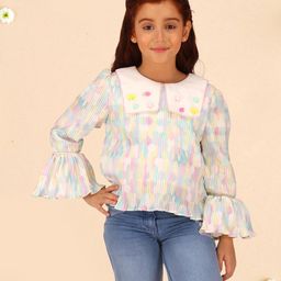 Cutecumber Full Bell Sleeves Abstract Printed & Pleated Top - Green-picture-26