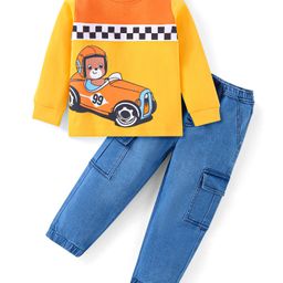 Babyhug Terry Knit Full Sleeves T-Shirt & Denim Jeans Set With Teddy & Car Print - Mustard-image-21