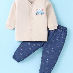Simply Fleece Knit Full Sleeves Car Printed Night Suit - Beige & Navy Blue-image-11
