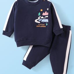 Zero Cotton Knit Full Sleeves Winter Wear Sweatshirt & Joggers Set with Text Print & Tape Detailing - Navy Blue-image-86