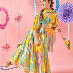 MASTARANG Three Fourth Sleeves Abstract Printed Coordinating Lehenga Choli Set With Dupatta - Multi Colour-image-1