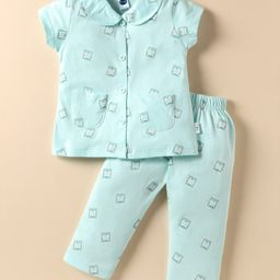 Teddy Cotton Knit Front Open Half Sleeves Co-ords Night Suit With Cat Print - Light Blue-image-15
