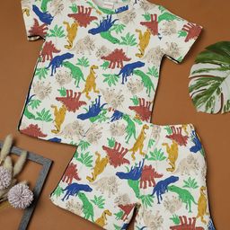 RAINE AND JAINE Cotton Knit Half Sleeves Dinosaurs Printed Coordinating Tee & Shorts Set - White-image-65