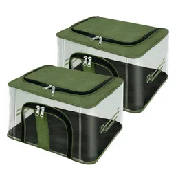 Storite 2 Pack Nylon 33 L PVC Transparent Moisture Proof Storage box for Clothes Closet Wardrobe Organizer for Clothes Saree Bags with Carry Handle - (DarkGreen, 44 x 31 x 24 cm)-picture-33