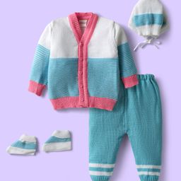 Babyhug Knit Front Open Striped & Color Block Front Open Sweater Set with Cap & Booties - Teal Blue-picture-3