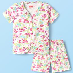 Babyhug Single Jersey Knit Half Sleeves Co-ords Top & Bottom Set With Floral Print - White-image-19